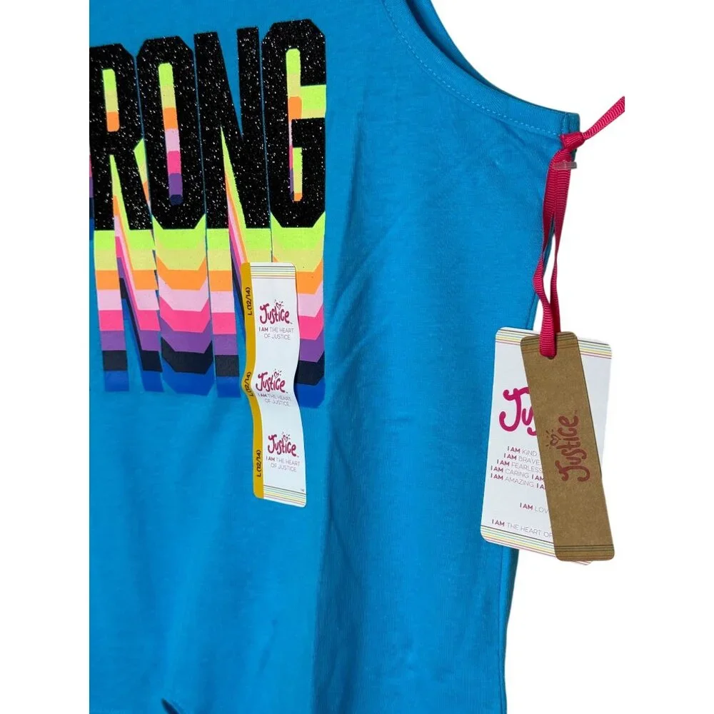 Girls' Justice Blue Tank Top Black Glitter STRONG Neon Rainbow NWT Size Lg 12/14